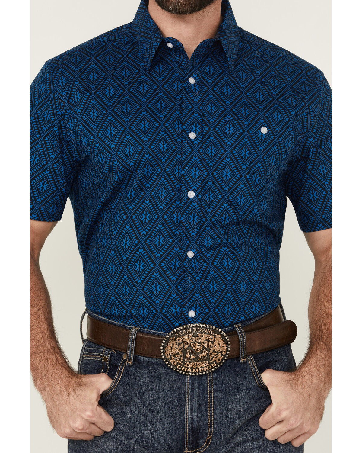 Image #3 - RANK 45&reg; Men's Ribbon Medallion Print Short Sleeve Button-Down Stretch Western Shirt, Blue, hi-res