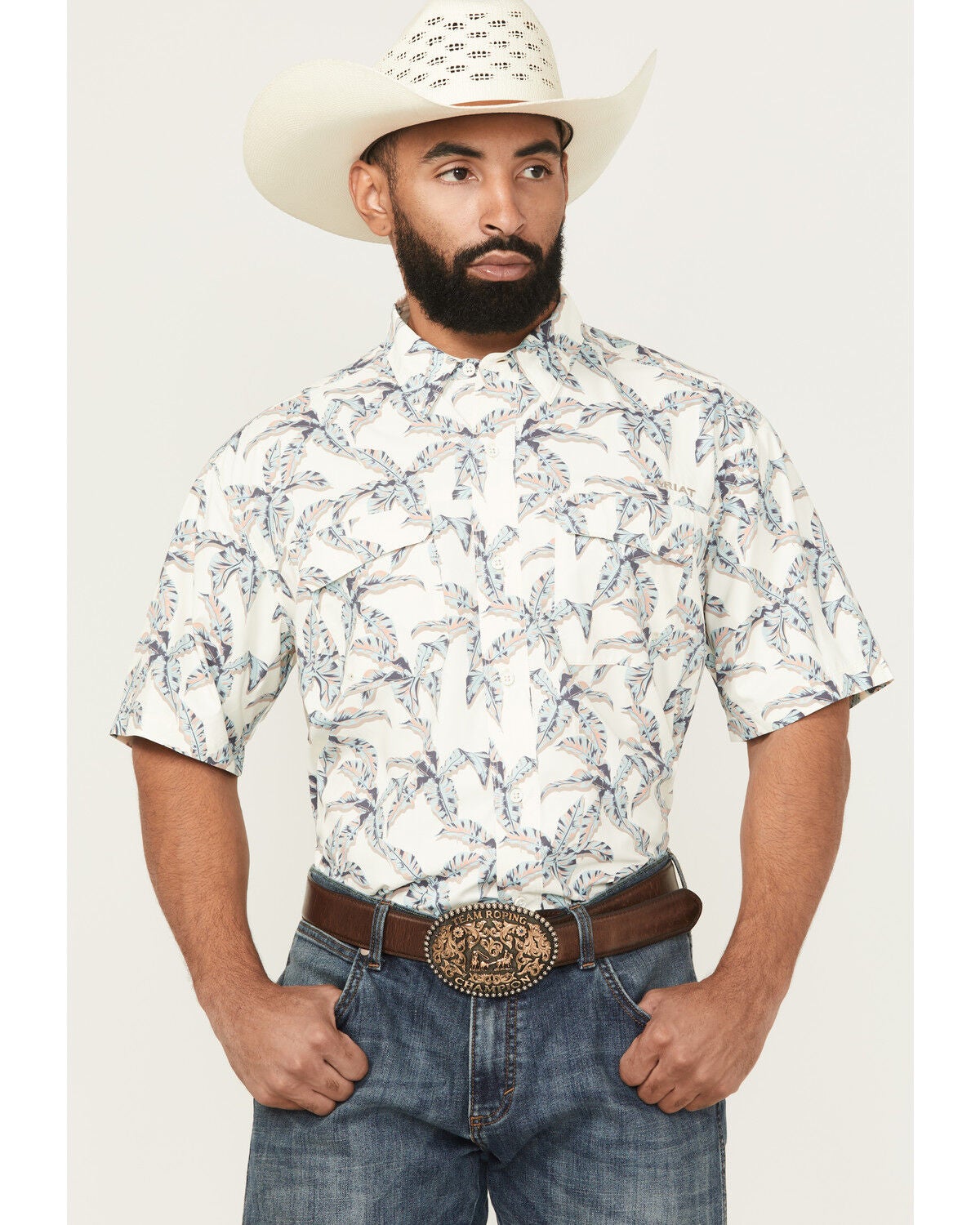 Ariat Men's VentTEK Outbound Palm Tree Print Short Sleeve Button-Down Western Shirt, Tan, hi-res