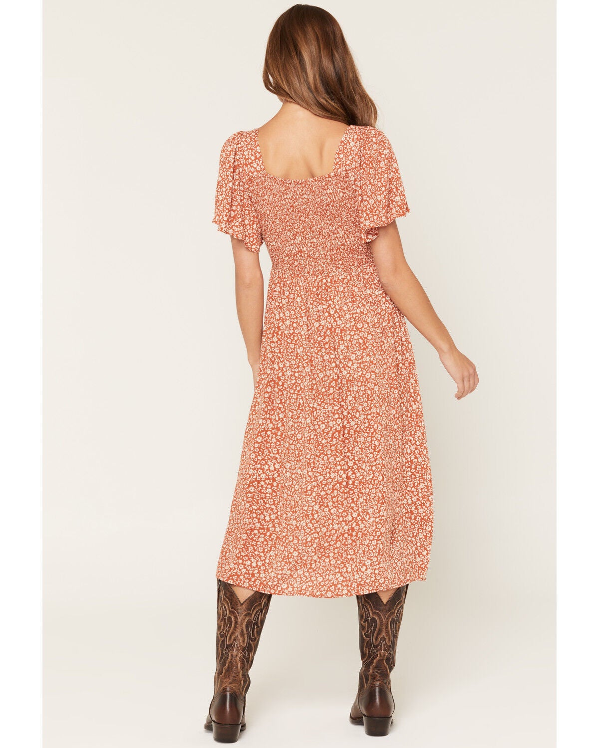 Image #4 - Angie Women's Floral Print Front Twist Midi Dress, Rust Copper, hi-res