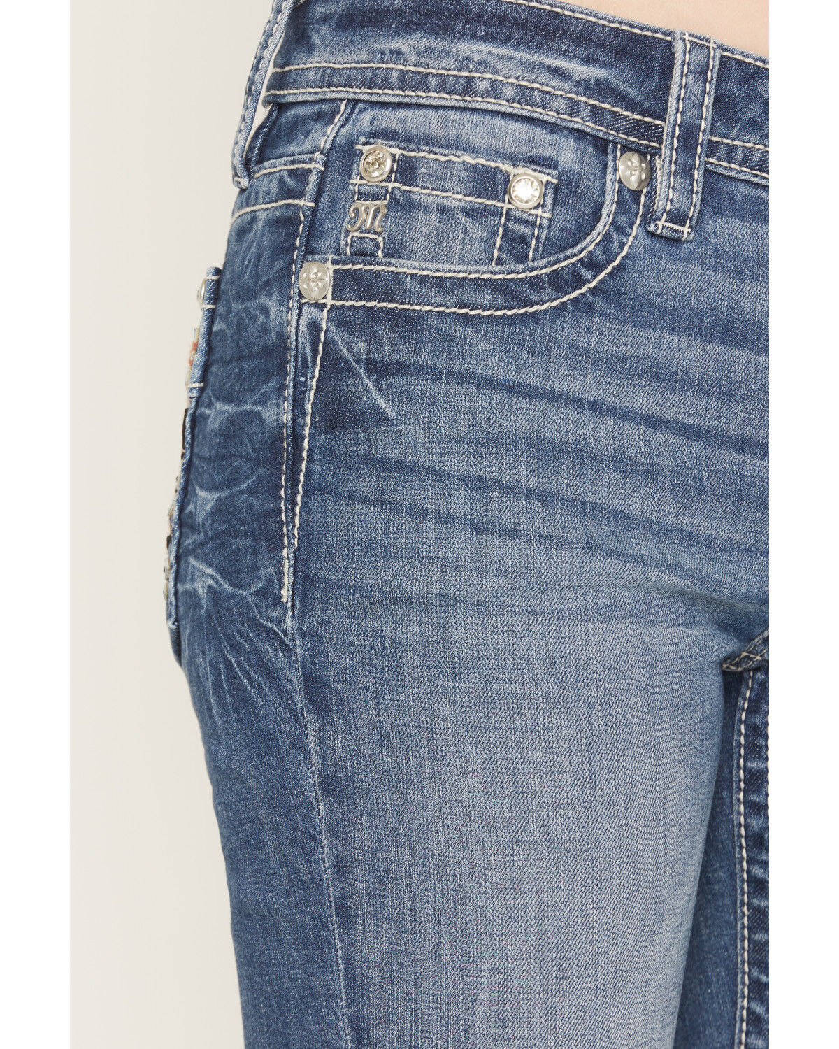 Image #4 - Miss Me Women's Medium Wash Mid Rise Wing Pocket 30" Bootcut Stretch Denim Jeans, Medium Wash, hi-res