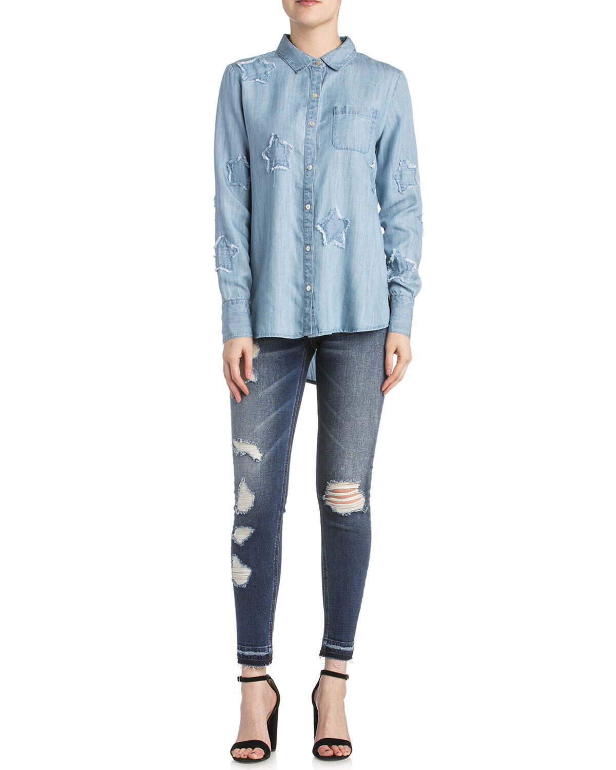 Image #2 - Miss Me Women's Denim Star Long Sleeve Button Down Shirt, , hi-res