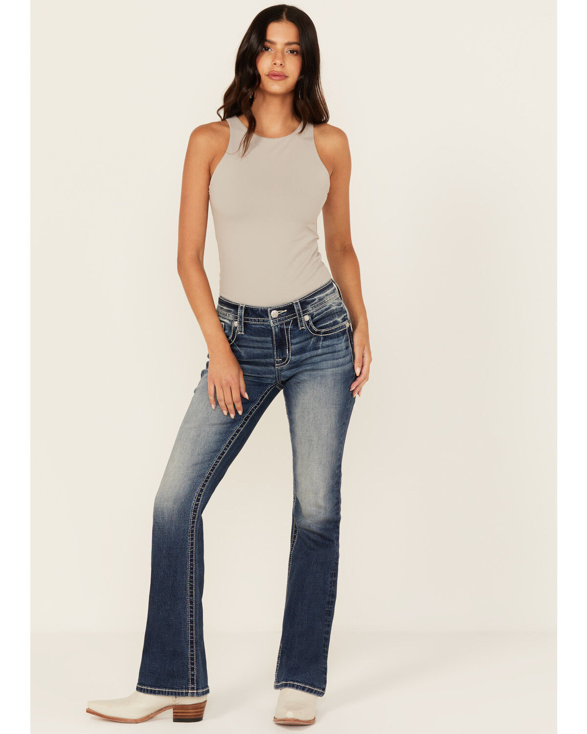 Image #3 - Miss Me Women's Dark Wash Embroidered 32" Bootcut Stretch Denim Jeans, Dark Wash, hi-res