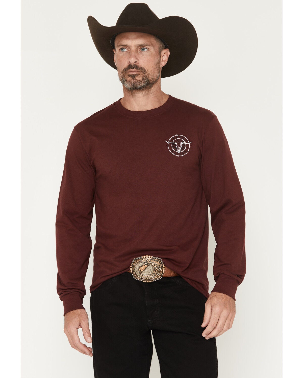 Image #1 - Cowboy Hardware Men's Cowboy Nation Long Sleeve Snap Graphic T-Shirt, Burgundy, hi-res