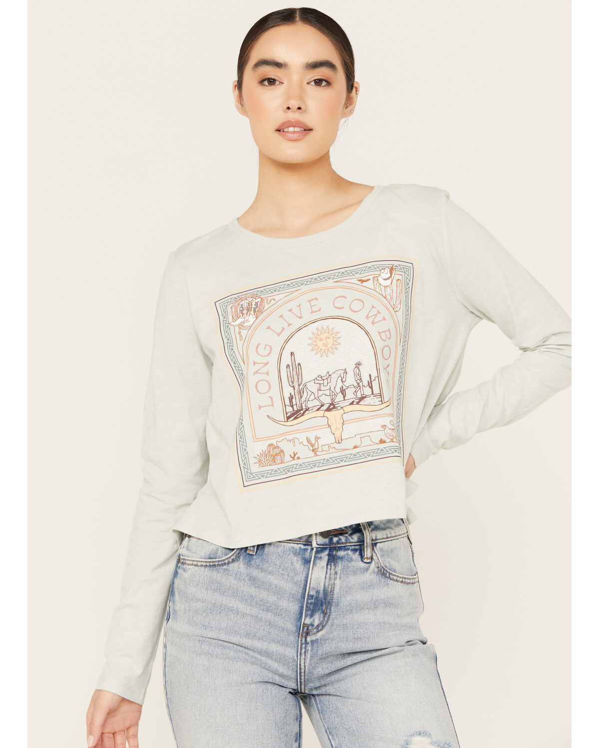 Image #1 - Wrangler Women's Cowboys Desert Long Sleeve Graphic Tee, Light Green, hi-res