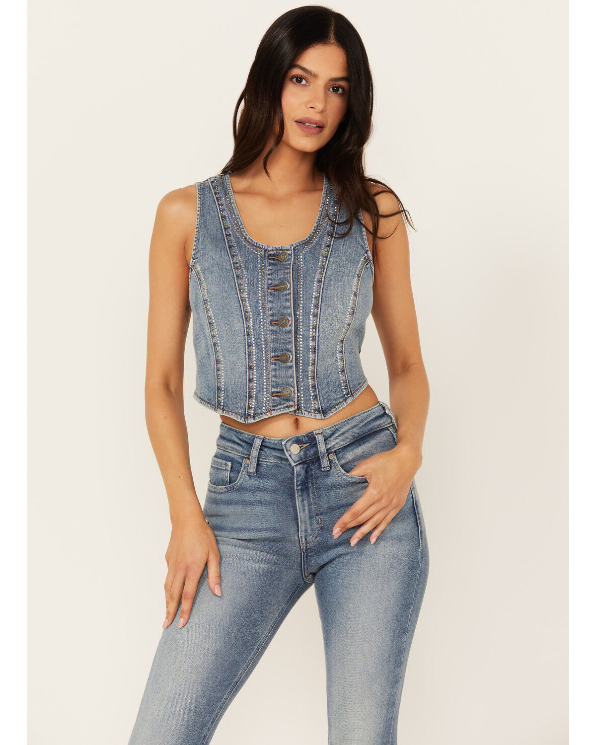Image #2 - Idyllwind Women's Medium Wash Embellished Stretch Denim Vest, Medium Wash, hi-res