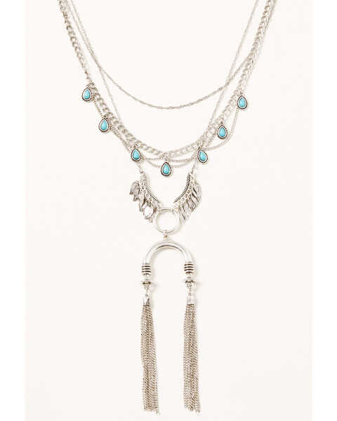 Image #1 - Shyanne Women's Turquoise Pendant & Silver Layered Leaf Fringe Statement Necklace, Silver, hi-res