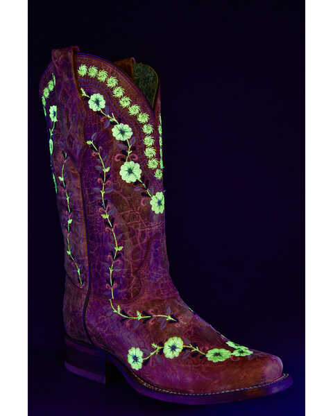 Image #2 - Corral Women's Floral Blacklight Western Boots - Square Toe , Cognac, hi-res