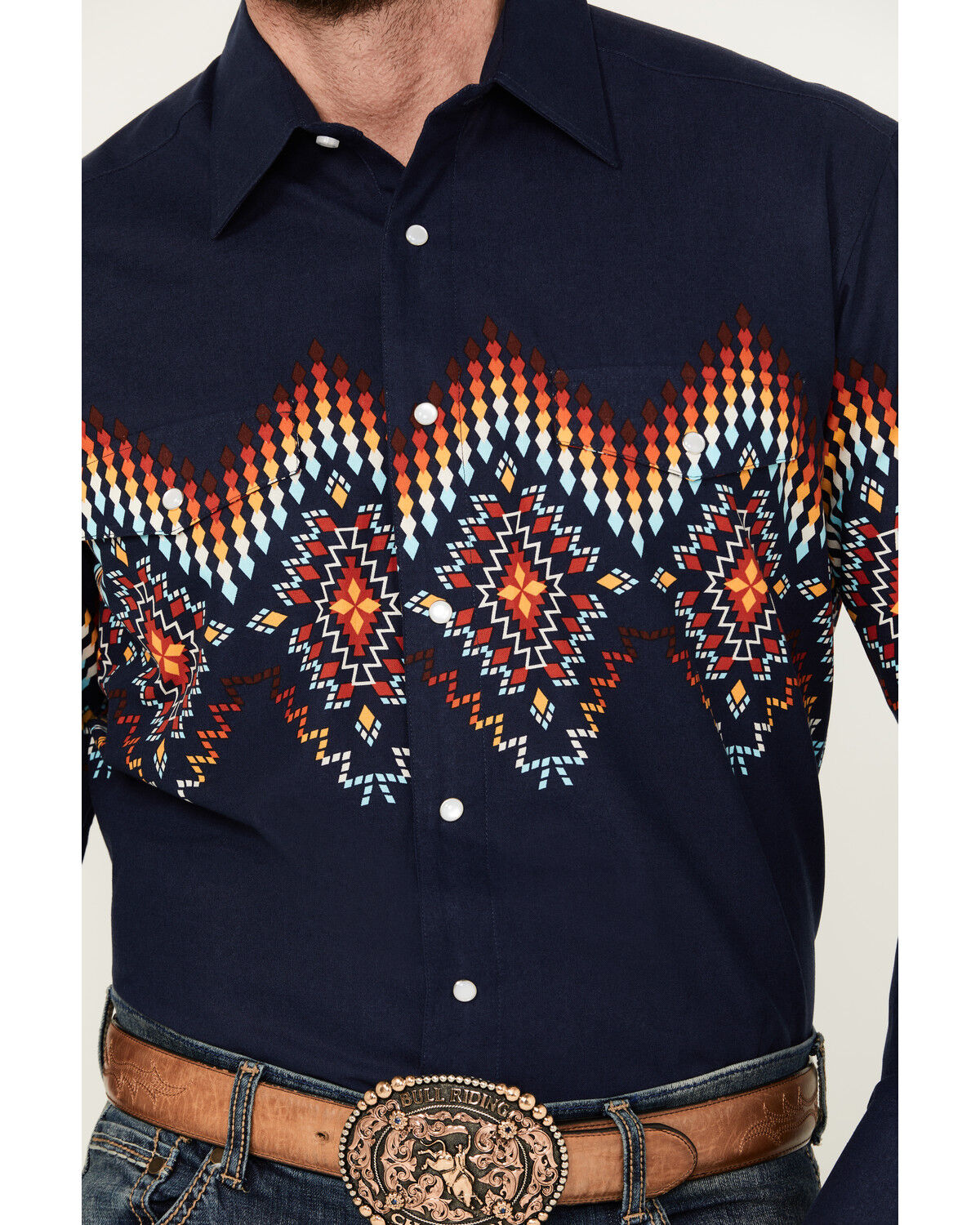 Image #3 - Panhandle Men's Southwestern Border Print Long Sleeve Pearl Snap Western Shirt, Navy, hi-res