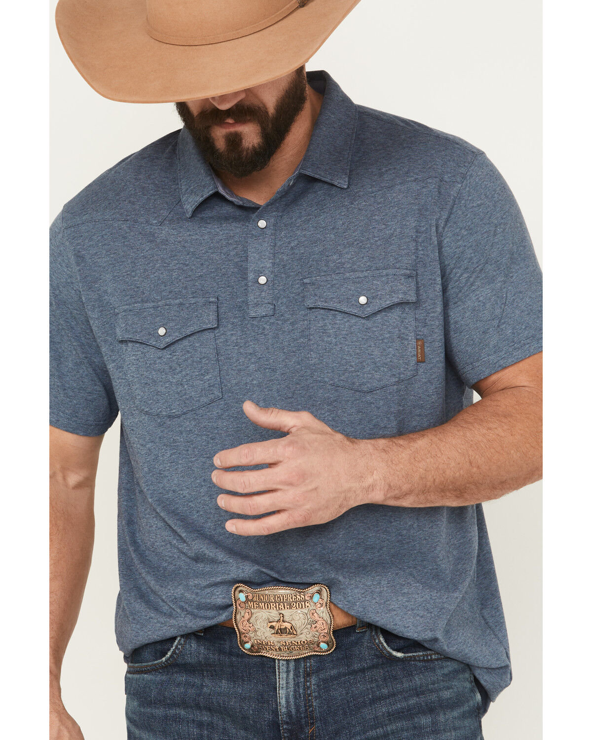 Image #3 - Ariat Men's Retro Southwestern Print Short Sleeve Snap Stretch Polo Shirt, Blue, hi-res