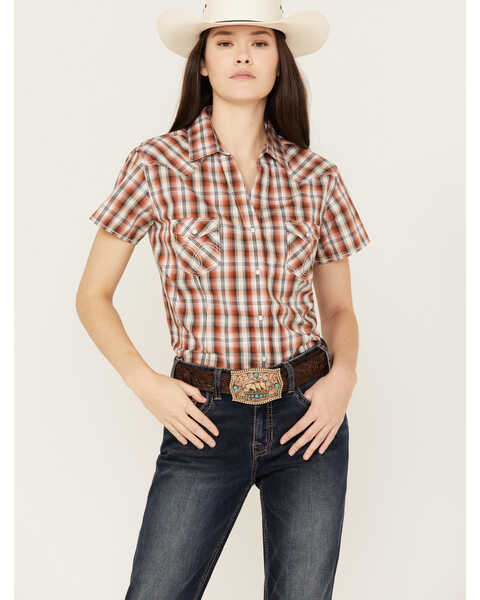 Image #1 - Rough Stock by Panhandle Women's Plaid Print Stretch Short Sleeve Western Snap Shirt, Rust Copper, hi-res