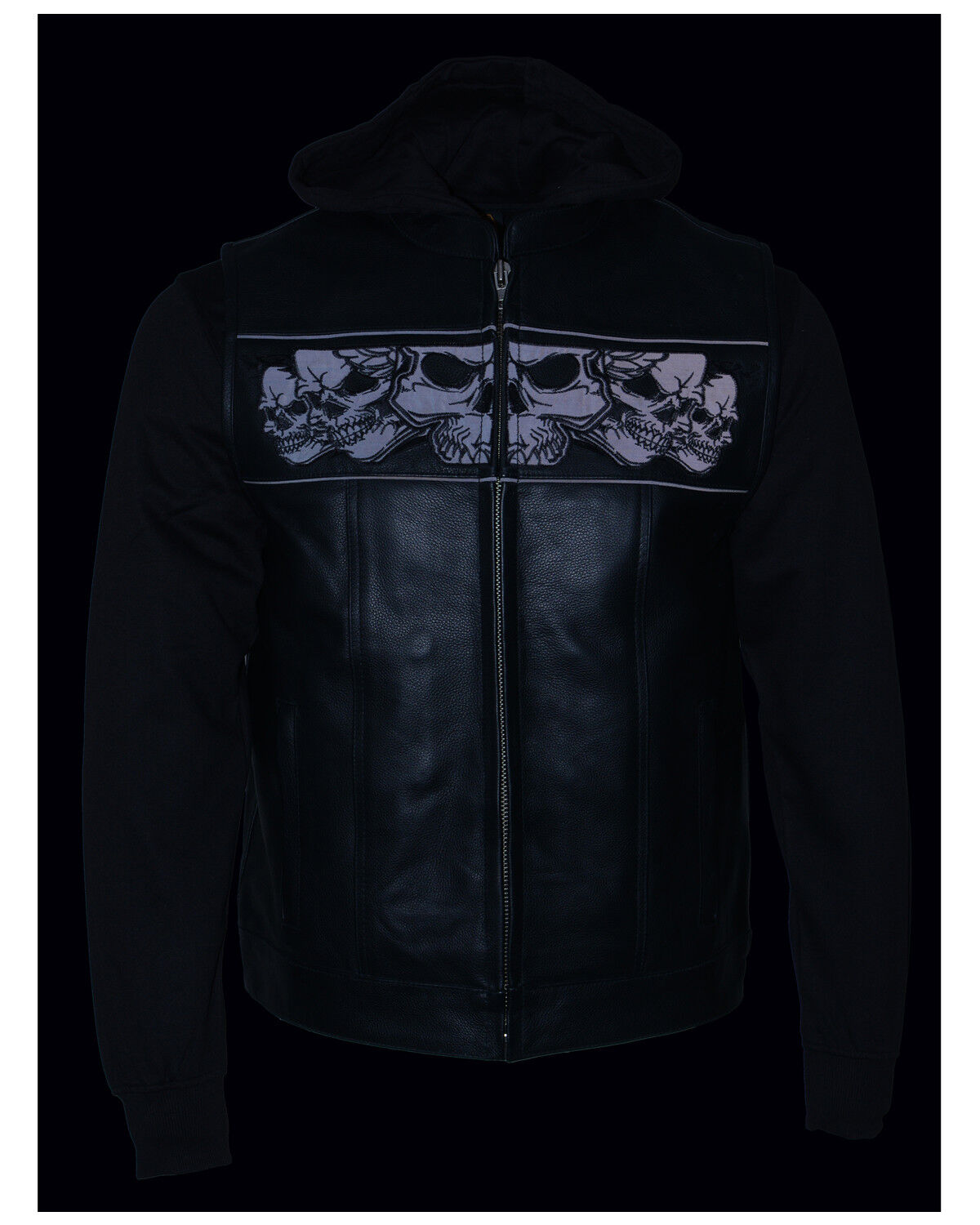 Image #4 - Milwaukee Leather Men's Leather Concealed Carry Vest with Reflective Skulls and Removeable Hoodie, Black, hi-res