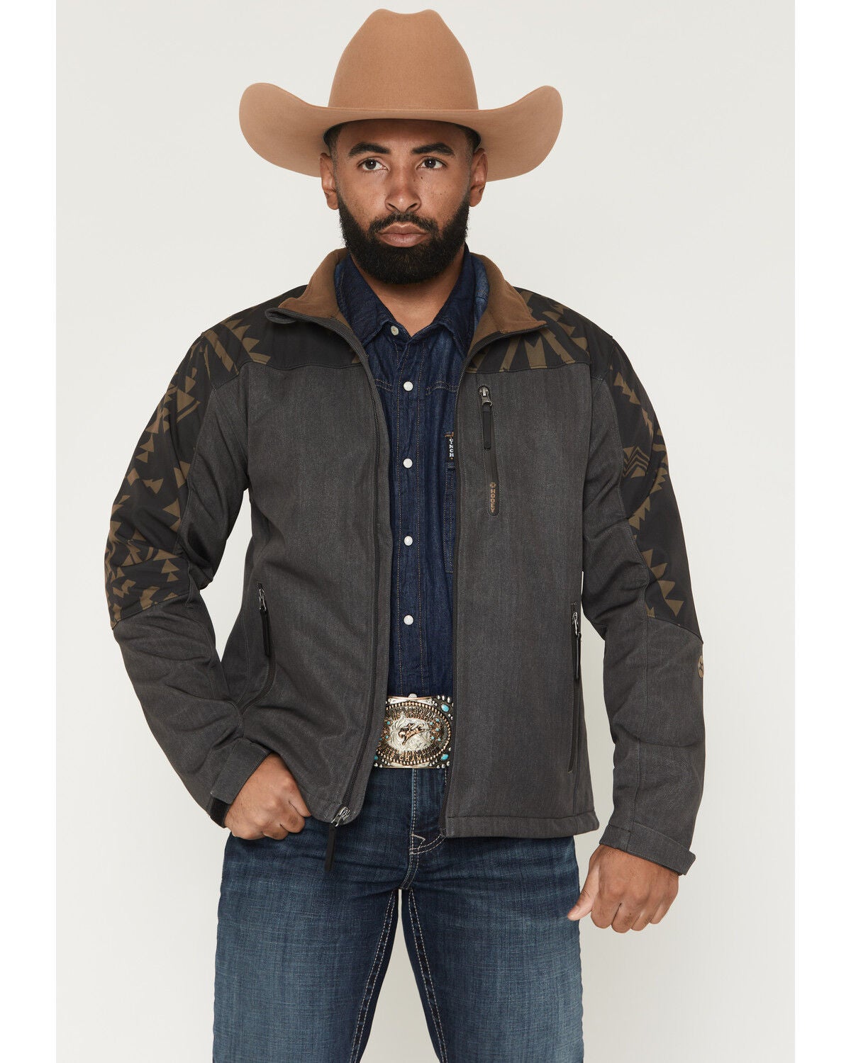 Hooey Men's Jackson Hole Southwestern Color Blocked Softshell Jacket, Dark Brown, hi-res