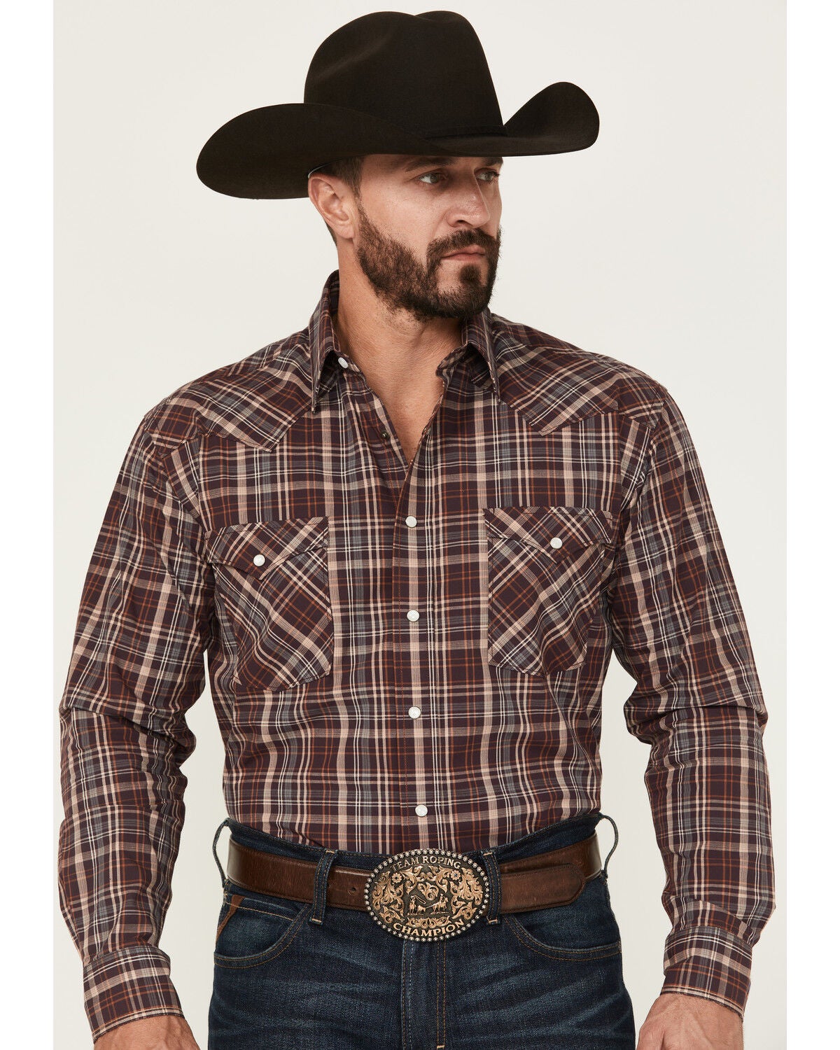 Rough Stock by Panhandle Men's Plaid Print Long Sleeve Pearl Snap Western Shirt, Purple, hi-res