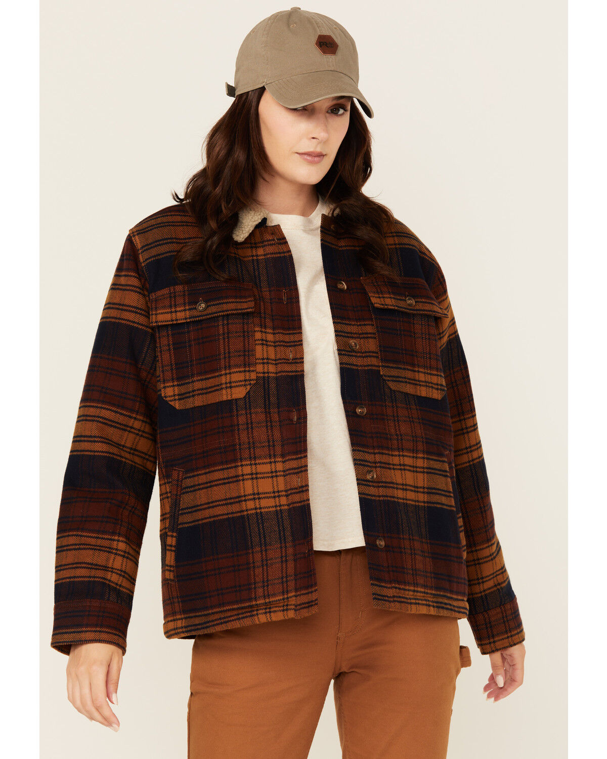 Image #1 - Lucky Brand Workwear Women's Twill Plaid Print Sherpa Lined Button-Down Work Jacket, Navy, hi-res