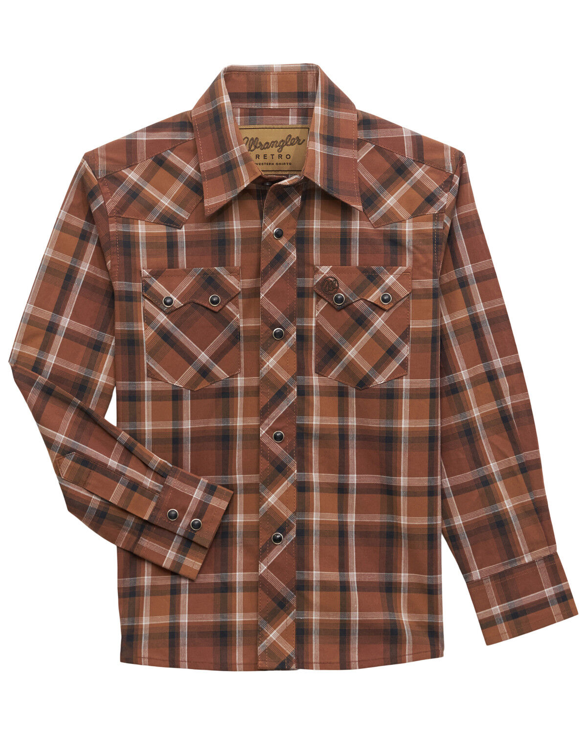 Image #1 - Wrangler Retro Boys' Plaid Print Long Sleeve Snap Western Shirt, Brown, hi-res