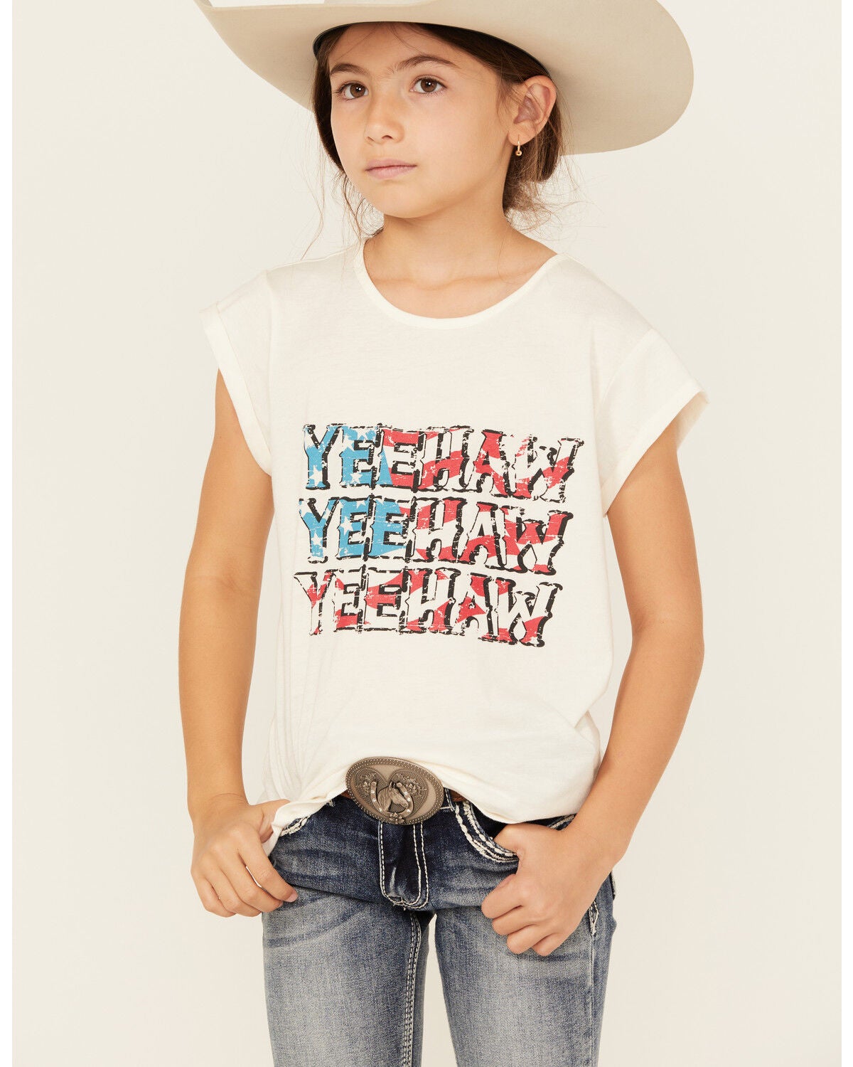 Image #1 - Panhandle Girls' Yeehaw Americana Short Sleeve Graphic Tee, Natural, hi-res