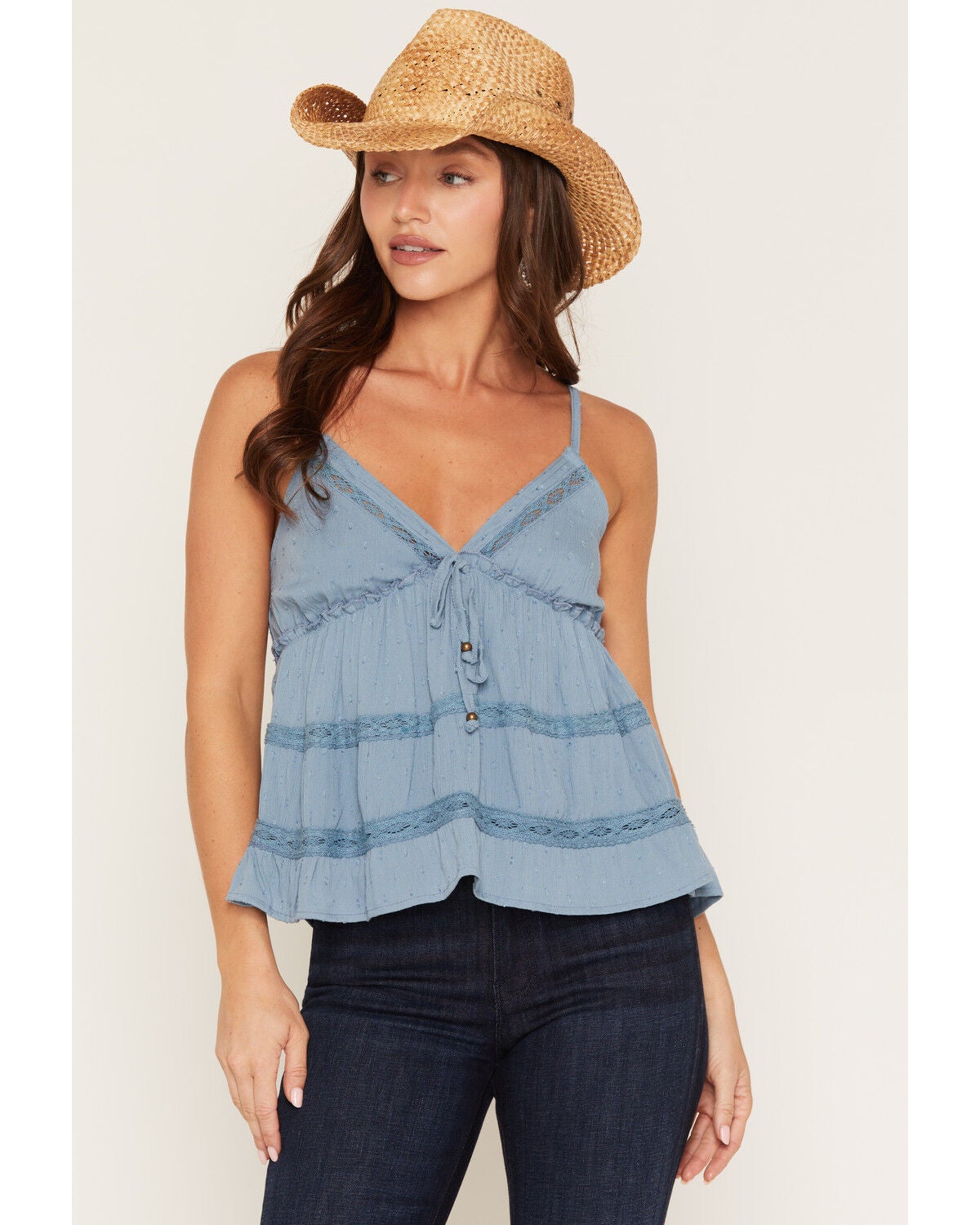 Angie Women's Swiss Dot Sleeveless Lace Trim Tiered Cami, Blue, hi-res