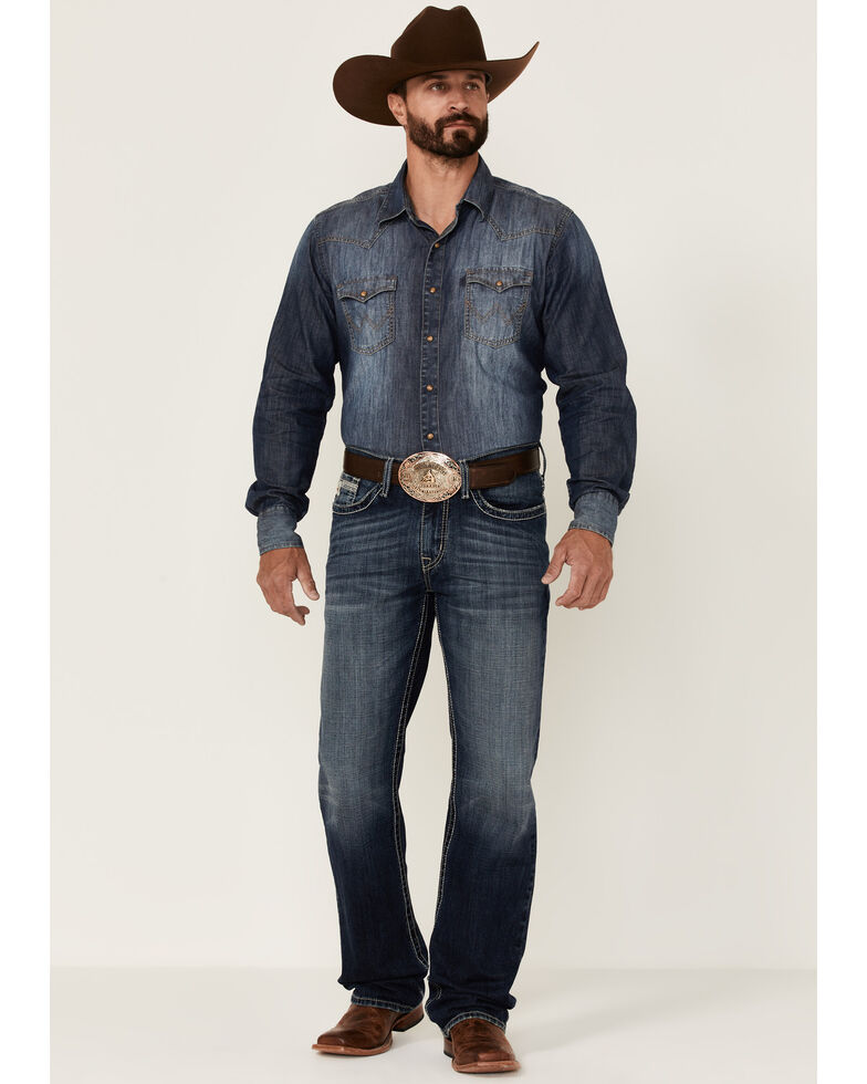 Cinch Men's Grant Dark Stonewash Performance Stretch Relaxed Bootcut Jeans , Light Blue, hi-res