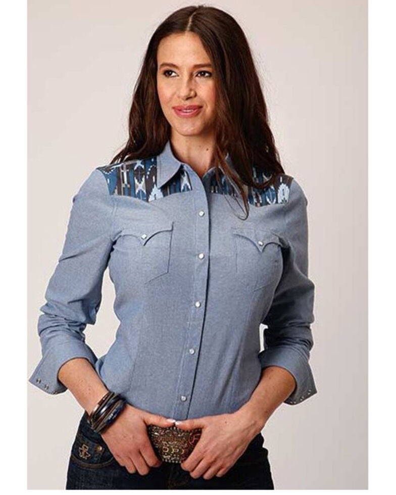 West Made Women's Chambray Aztec Yoke Long Sleeve Western Shirt Sheplers
