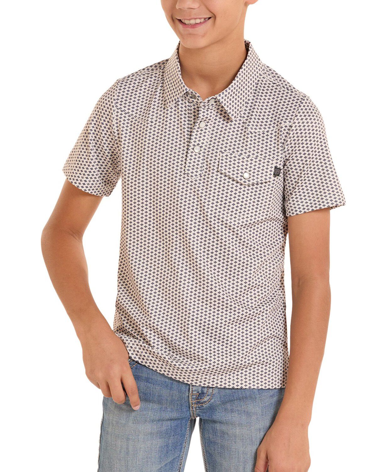 Image #1 - Rock & Roll Denim Geo Print Short Sleeve Pearl Snap Polo, Natural, hi-res