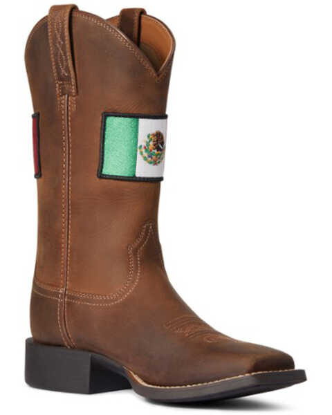 Image #1 - Ariat Women's Distressed Round Up Orgullo Mexicano Performance Western Boot - Broad Square Toe, Brown, hi-res