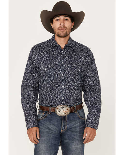 Roper Men's Floral Print Long Sleeve Western Snap Shirt, Dark Blue, hi-res