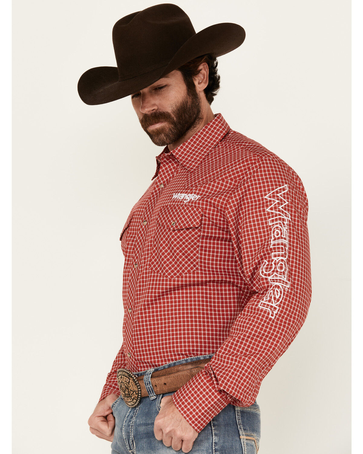 Image #2 - Wrangler Men's Logo Checkered Print Long Sleeve Snap Western Shirt, Red, hi-res