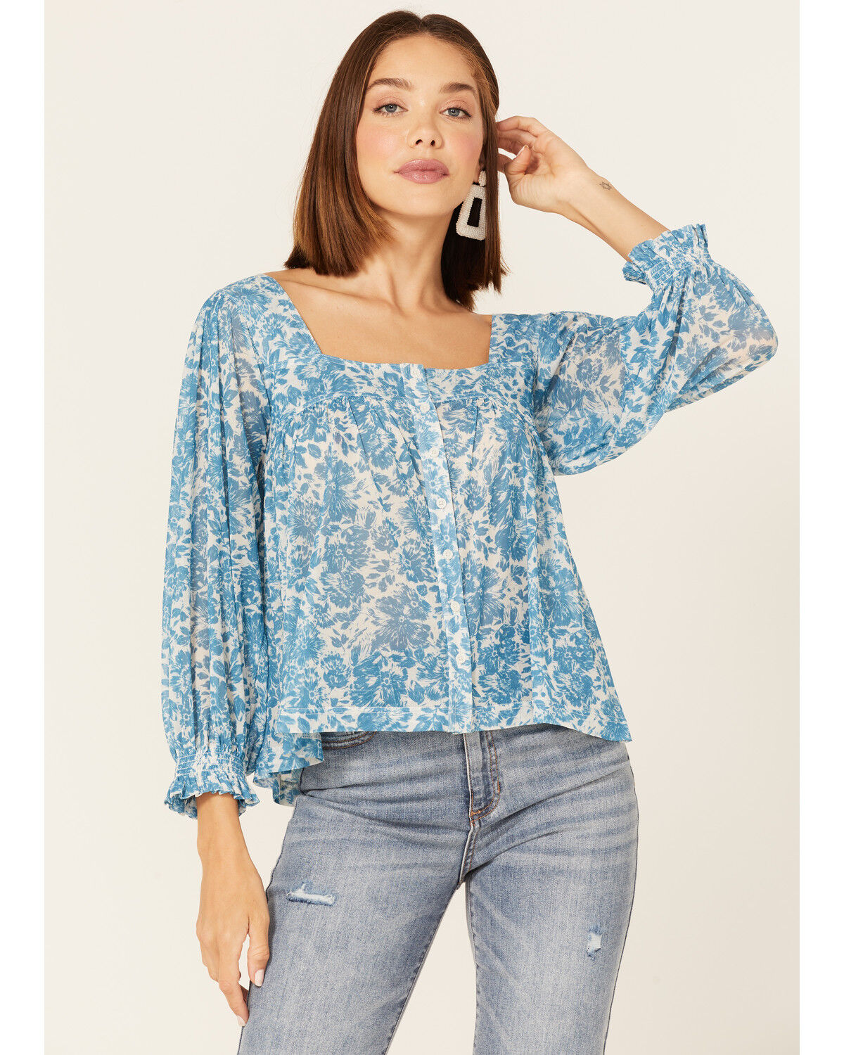Image #1 - Beyond The Radar Women's Floral Print Long Sleeve Mesh Top, Blue, hi-res