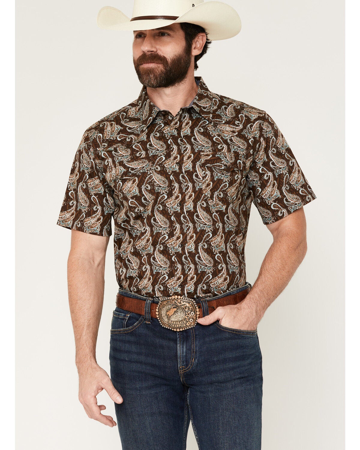 Image #1 - Cody James Men's Easy Livin' Paisley Print Short Sleeve Snap Western Shirt, Brown, hi-res