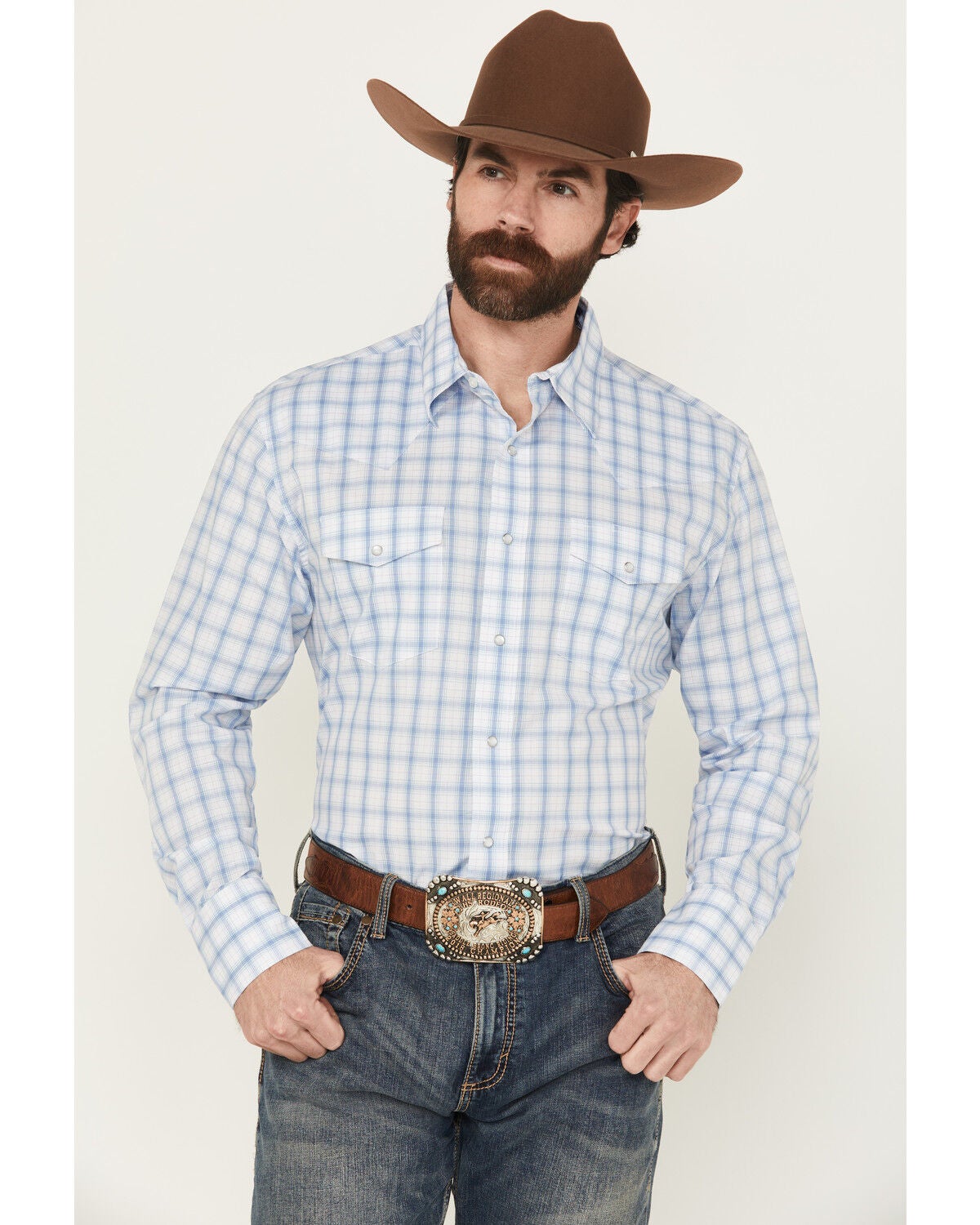 Wrangler Men's Plaid Print Long Sleeve Snap Stretch Western Shirt, Blue, hi-res