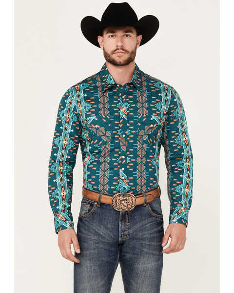 Rock & Roll Denim Men's Southwestern Print Stretch Long Sleeve Snap Western Shirt, Teal, hi-res