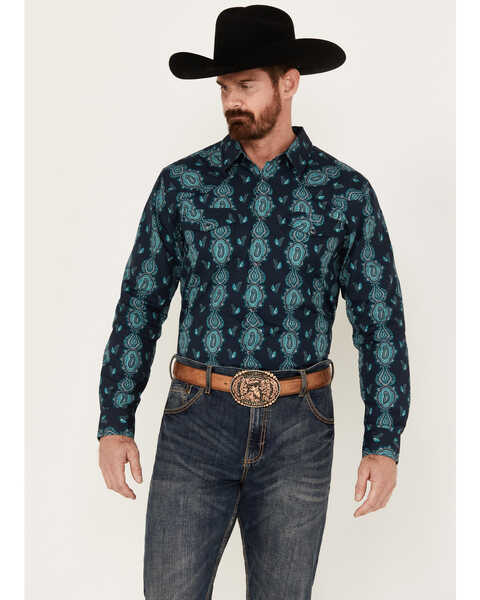 Image #1 - Gibson Trading Co Men's Take It Easy Long Sleeve Snap Western Shirt, Indigo, hi-res
