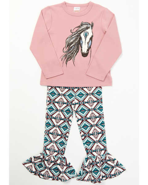 Shyanne Toddler-Girls' Southwestern Print Horse Graphic Long Sleeve Tee & Leggings Set - 2-Piece, Ivory, hi-res