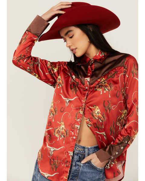 Image #1 - Rodeo Quincy Women's Horse Print Long Sleeve Pearl Snap Western Shirt , Red, hi-res