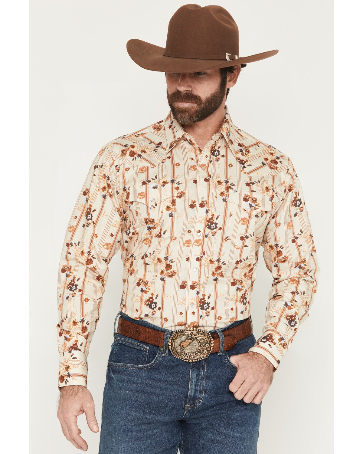 Image #1 - Ely Walker Men's Floral Striped Long Sleeve Pearl Snap Western Shirt, Cream, hi-res