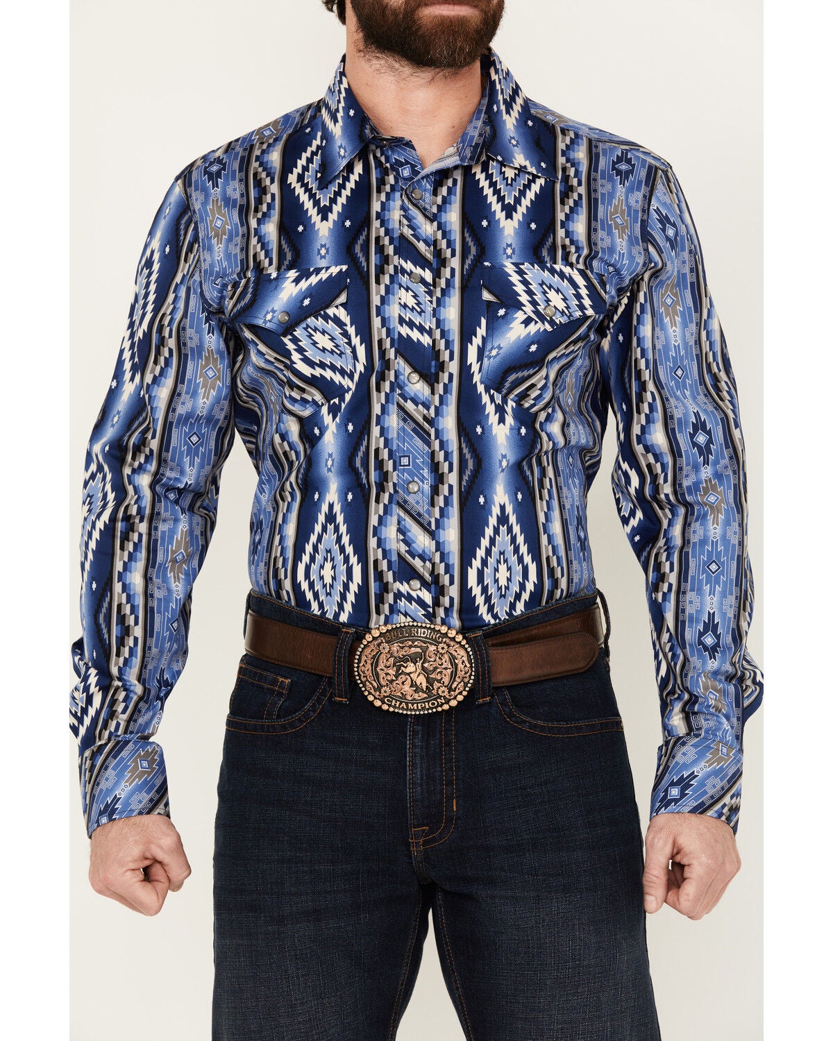 Image #3 - Rock & Roll Denim Men's Southwestern Striped Long Sleeve Pearl Snap Stretch Western Shirt, Blue, hi-res