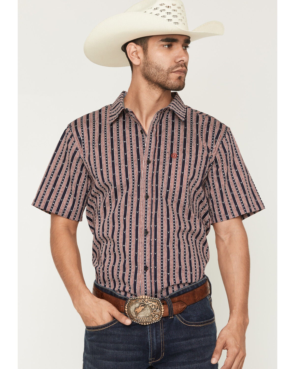 Image #1 - Cody James Men's Stripe Steerhead Short Sleeve Button-Down Stretch Western Shirt, Navy, hi-res