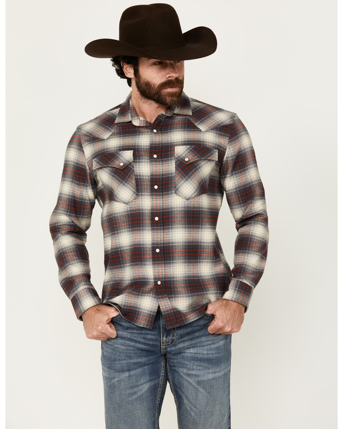 Image #1 - Pendleton Men's Wyatt Plaid Print Long Sleeve Snap Western Shirt, Grey, hi-res