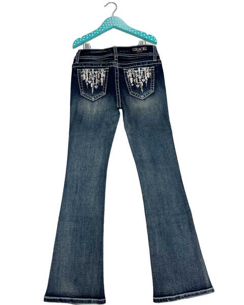 Grace in LA Girls' Dark Wash Southwestern Pocket Bootcut Jeans, Medium Wash, hi-res
