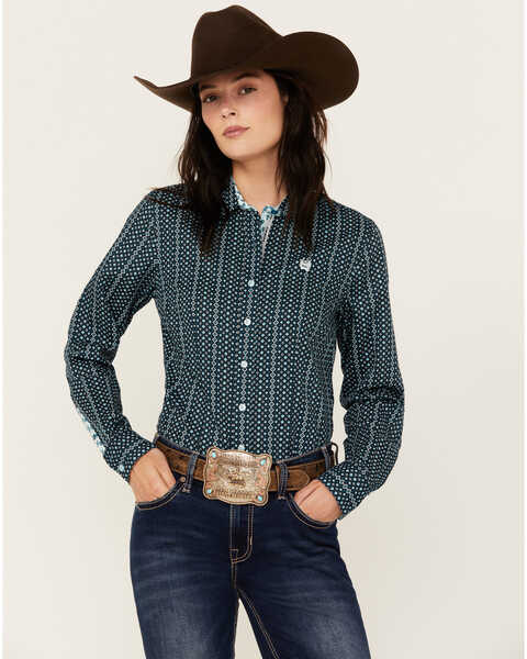 Image #1 - Cinch Women's Geo Print Long Sleeve Button-Down Western Core Shirt , Blue, hi-res