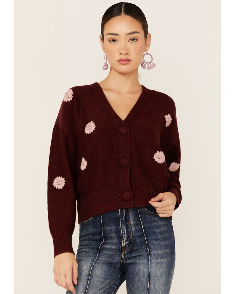 Lush Women's Embroidered Button Front Cardigan, Burgundy, hi-res
