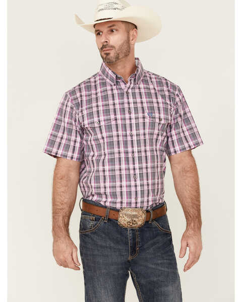 Image #1 - Panhandle Select Men's Small Plaid Print Short Sleeve Button-Down Western Shirt , Purple, hi-res