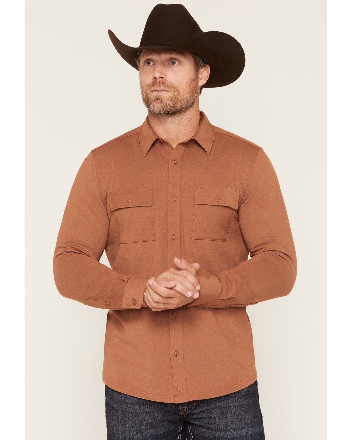 Cody James Men's Westley Solid Long Sleeve Button-Down Stretch Western Shirt, Bark, hi-res