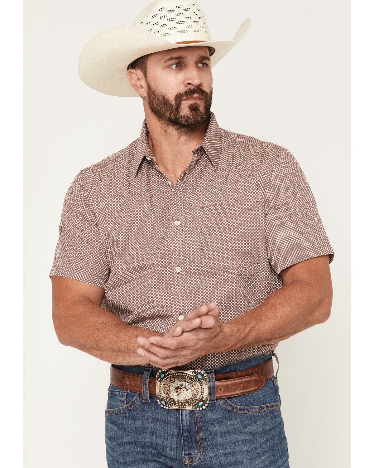Gibson Trading Co Men's Kick Dust Geo Print Short Sleeve Button-Down Western Shirt, Burgundy, hi-res