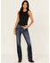 Image #3 - Miss Me Women's Dark Wash Mid Rise Feather Pocket Bootcut Stretch Denim Jeans, Dark Wash, hi-res