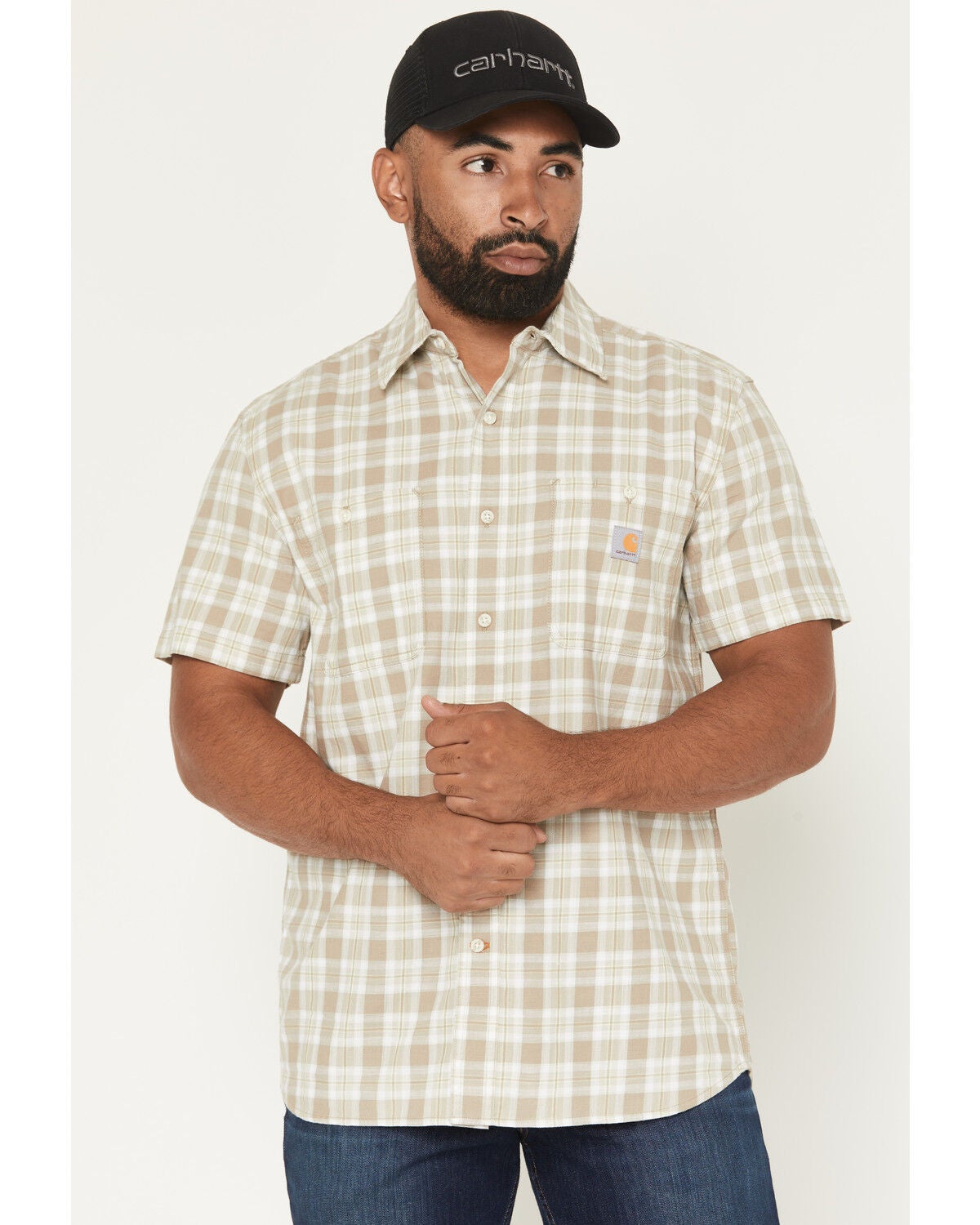 Image #1 - Carhartt Men's Bozeman Rugged Flex&reg; Relaxed Fit Plaid Print Short Sleeve Button-Down Work Shirt, Stone, hi-res