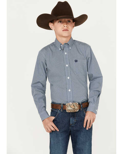 Cinch Boys' Geo Print Long Sleeve Button-Down Western Shirt , Light Blue, hi-res