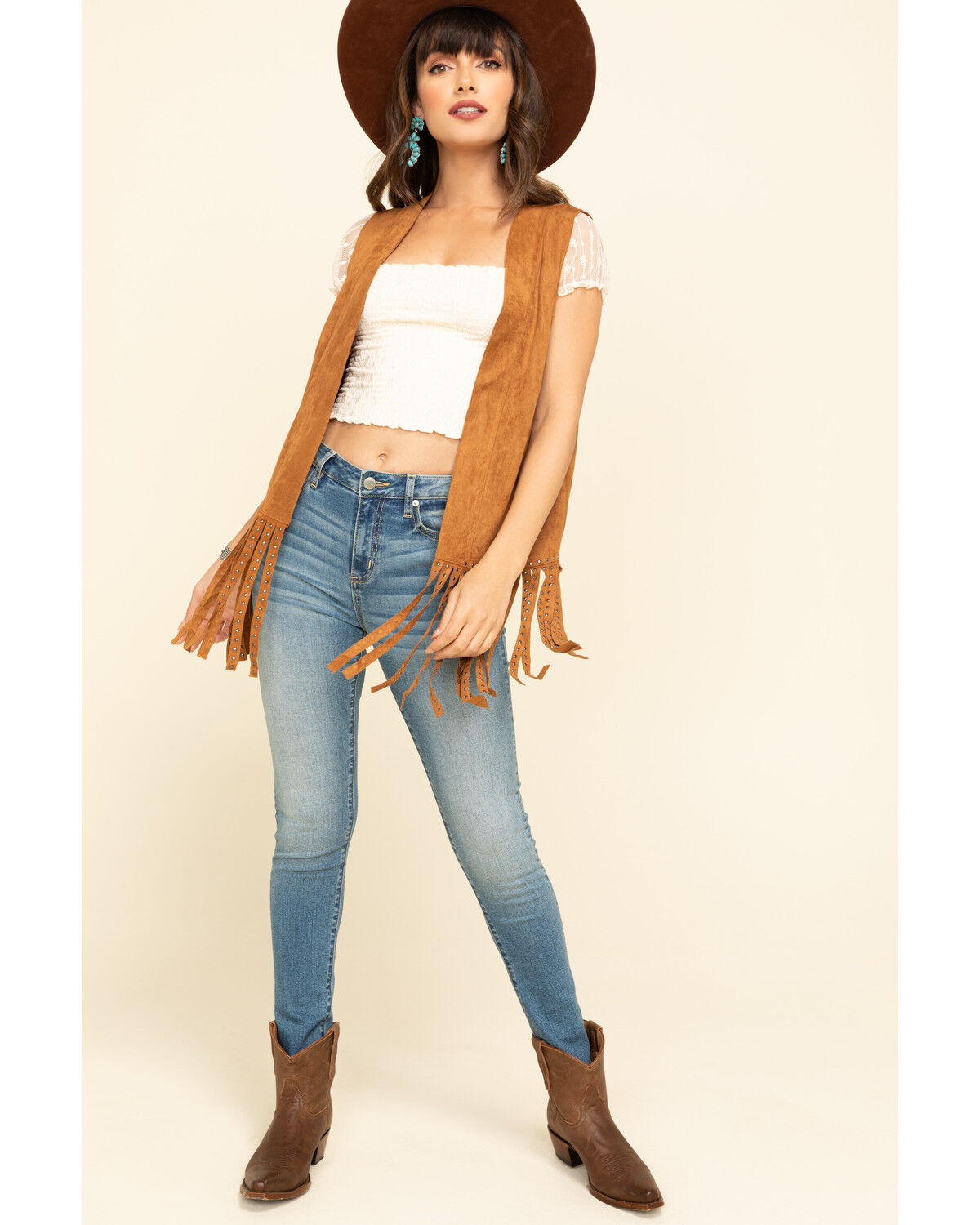 Image #6 - Vocal Women's Studded Fringe Vest, Camel, hi-res