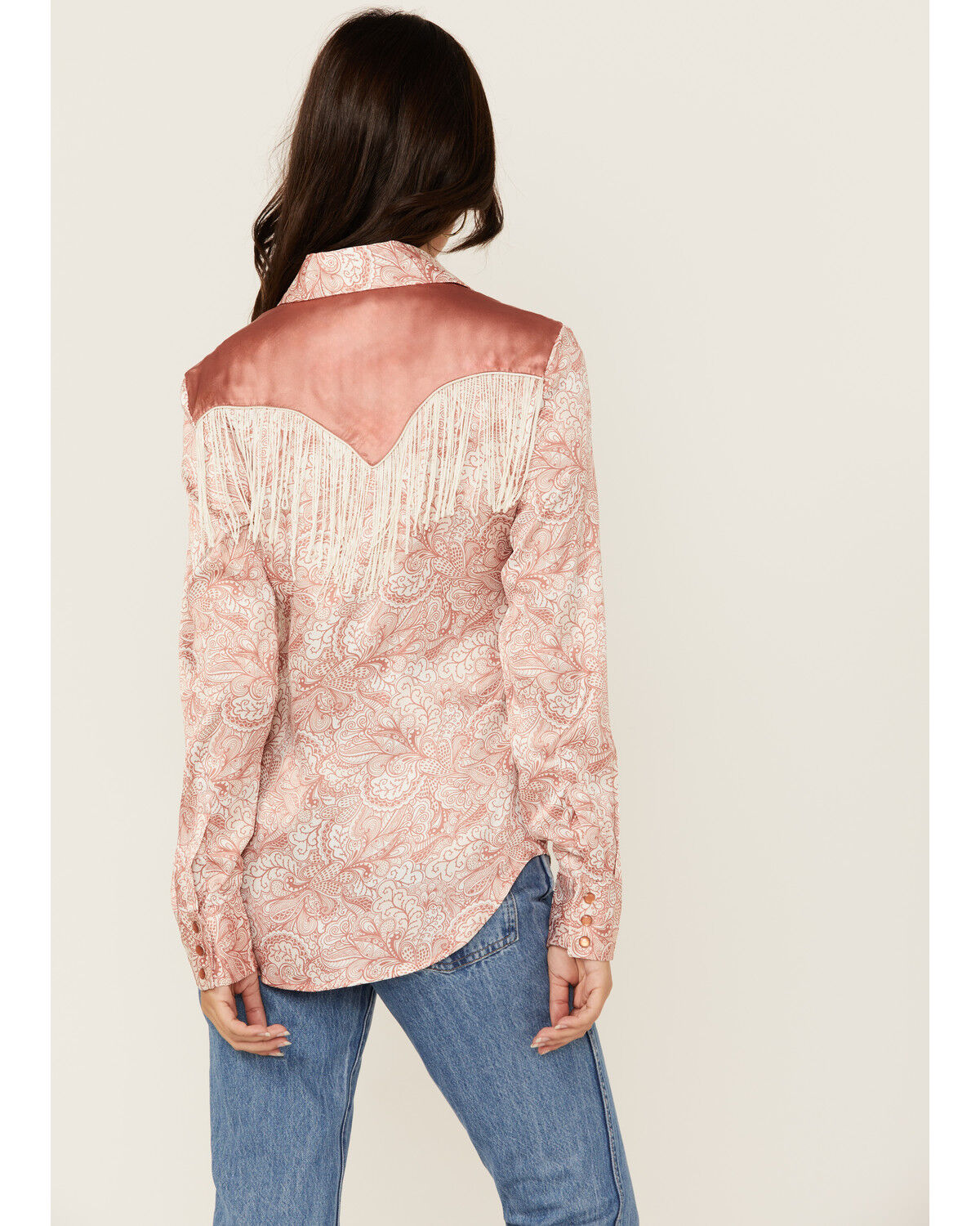 Image #4 - Scully Women's Paisley Print Fringe Long Sleeve Snap Western Shirt, Peach, hi-res