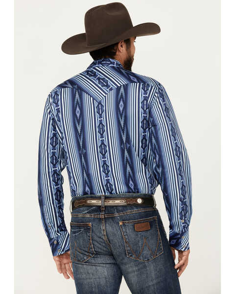 Image #4 - Rock & Roll Denim Men's Southwestern Striped Print Long Sleeve Snap Stretch Western Shirt, Blue, hi-res